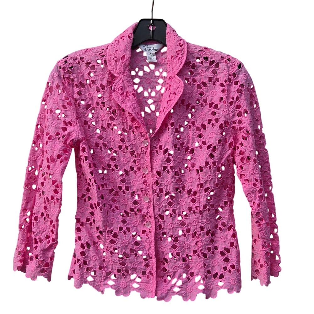 Lilly Pulitzer Vintage Preppy Pink Eyelet Lace Floral Button Down 4 Coquette